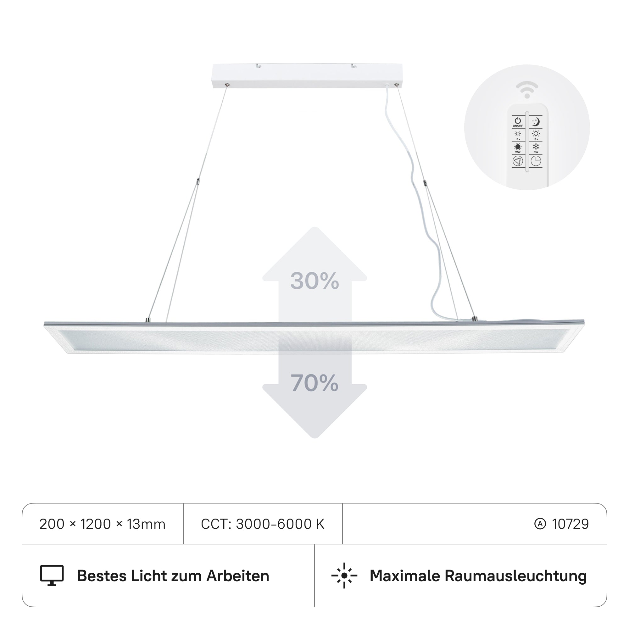 LECOM LED Panel 1200x200x13 (CRI>90) 32W CCT3000-6000K 70/30 UGR<19 mit FB