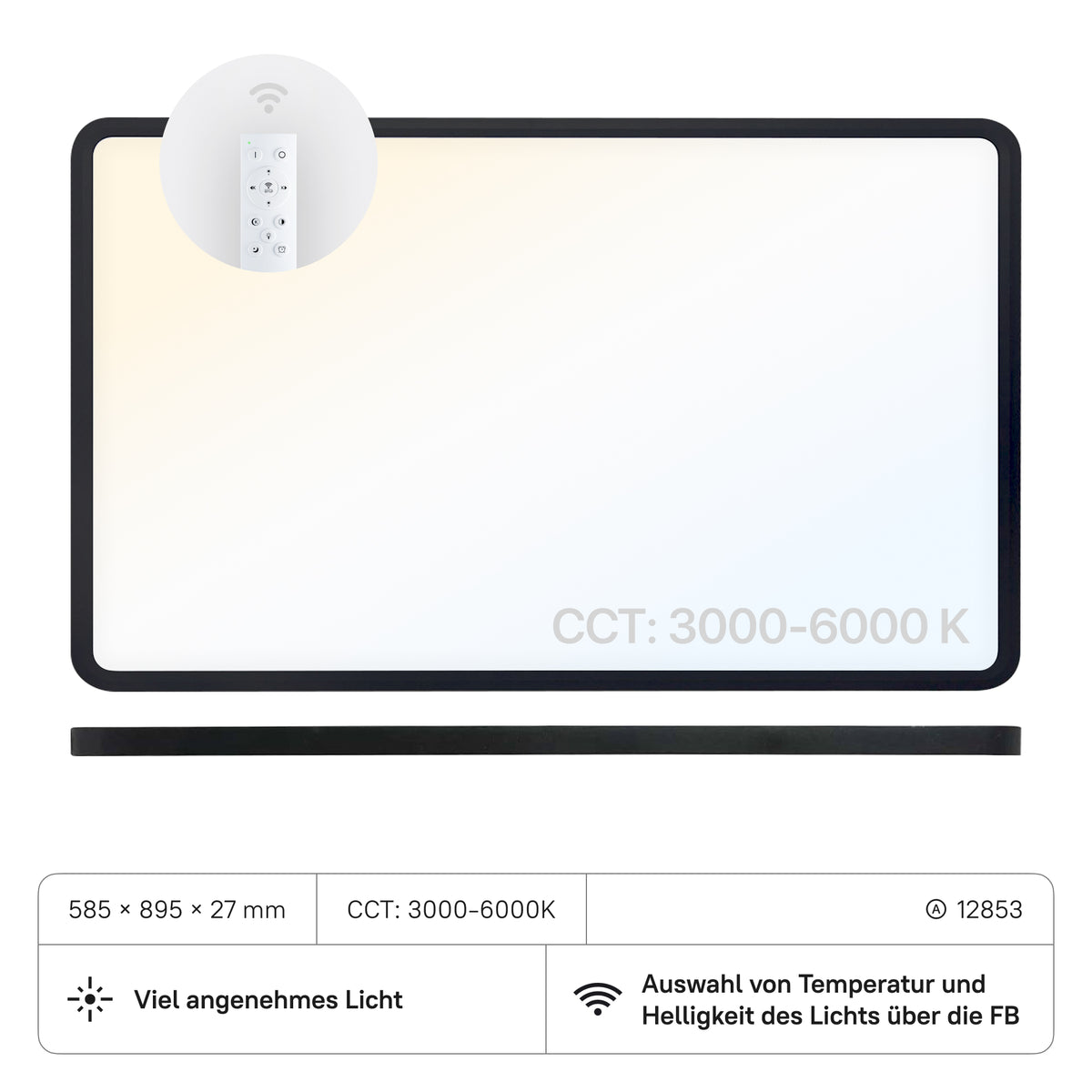 LECOM LED Panel 585x895x27 (CRI:90) 50W CCT3000-6000K mit FB, schwarz