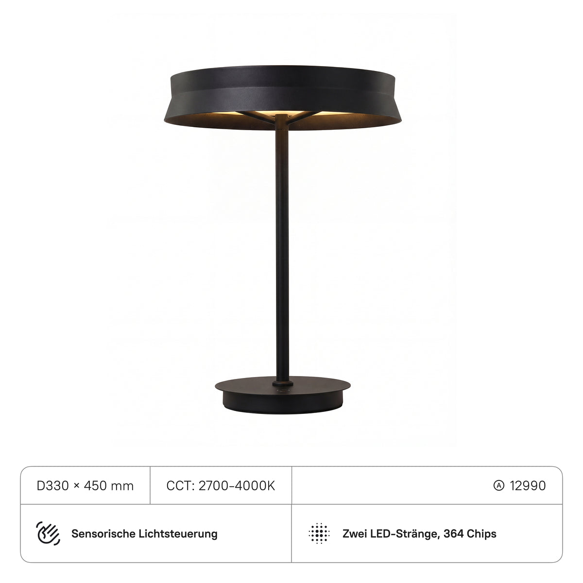 Tischlampe D330xH450 mm, 24W, CRI:90, CCT2700-4000K mit Sensor, 2400, Sand Mattschwarz