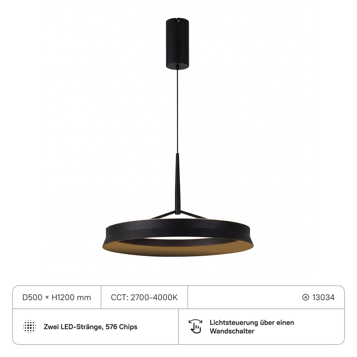 Kronleuchter D500xH1200 mm, 50W, CRI:90, CCT2700-4000K mit DIP-Schalter, 5500, Sand Mattschwarz