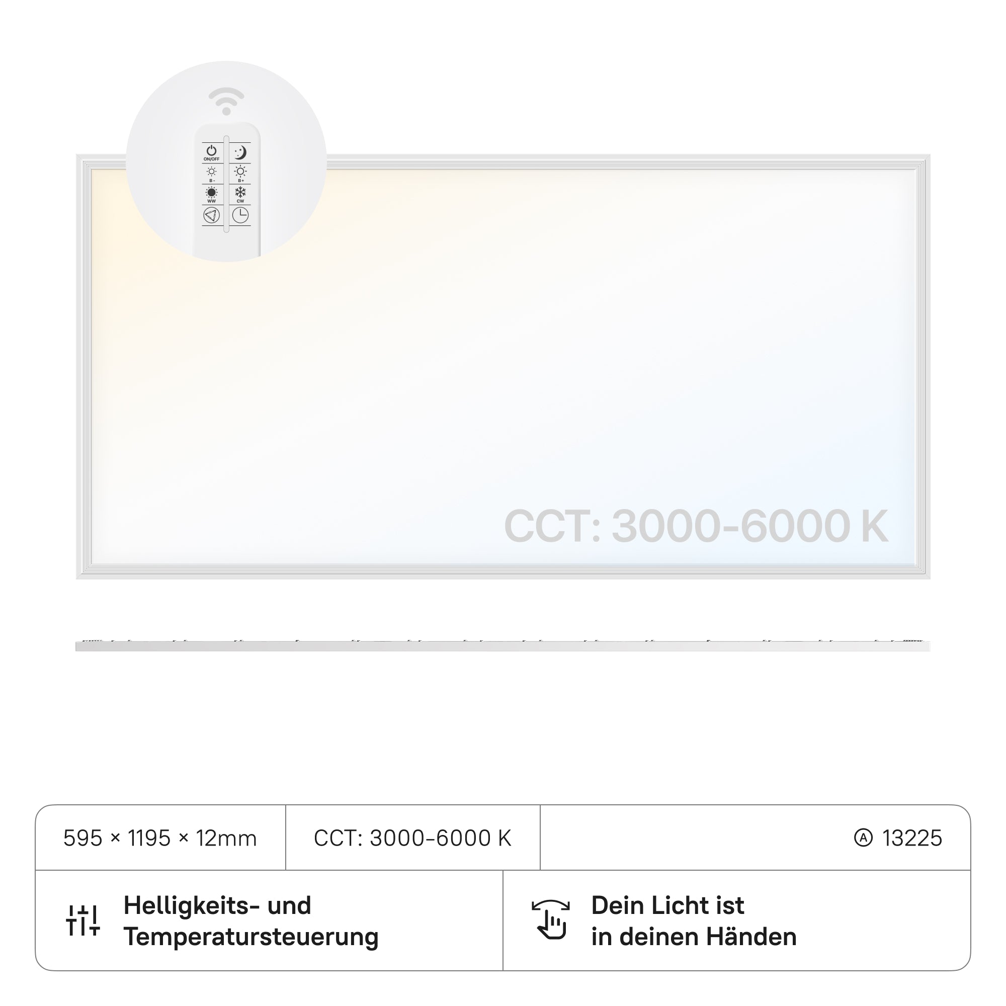 LECOM LED Panel 1195x595x12 (CRI>90) 60W CCT3000-6000K Dimmbar mit FB 5400lm