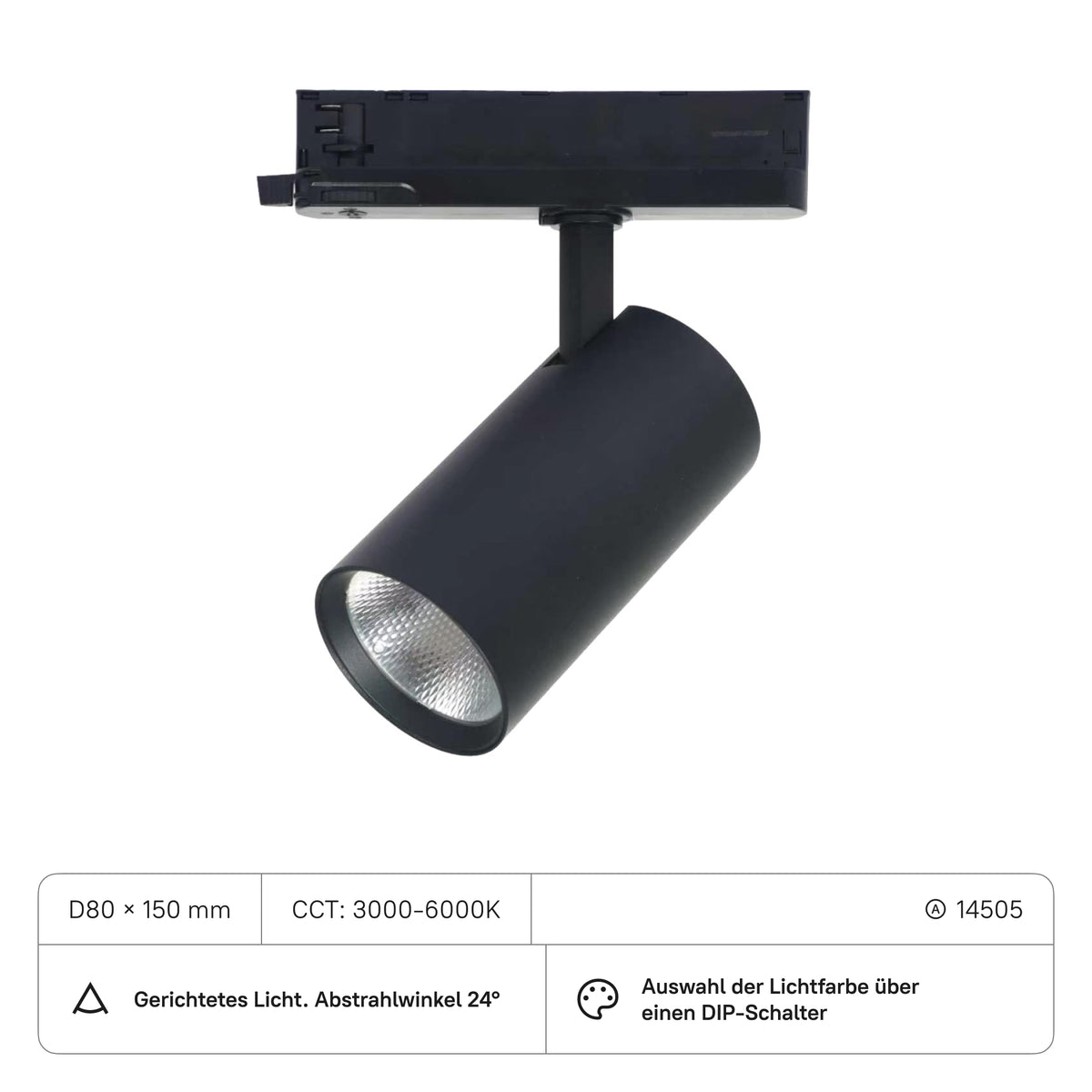 Stromschienenstrahler D80x150 (CRI:90) 30W CCT3000-6000K mit DIP-Schalter, Al, 24 Grad