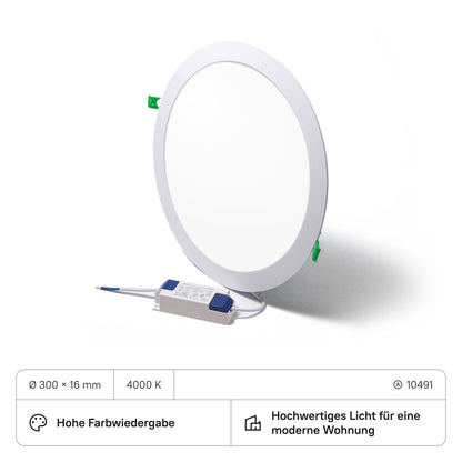 LECOM Einbaustrahler Rund ø300x16 mit Trafo (CRI>90) 24W 2160lm (10 Stück)