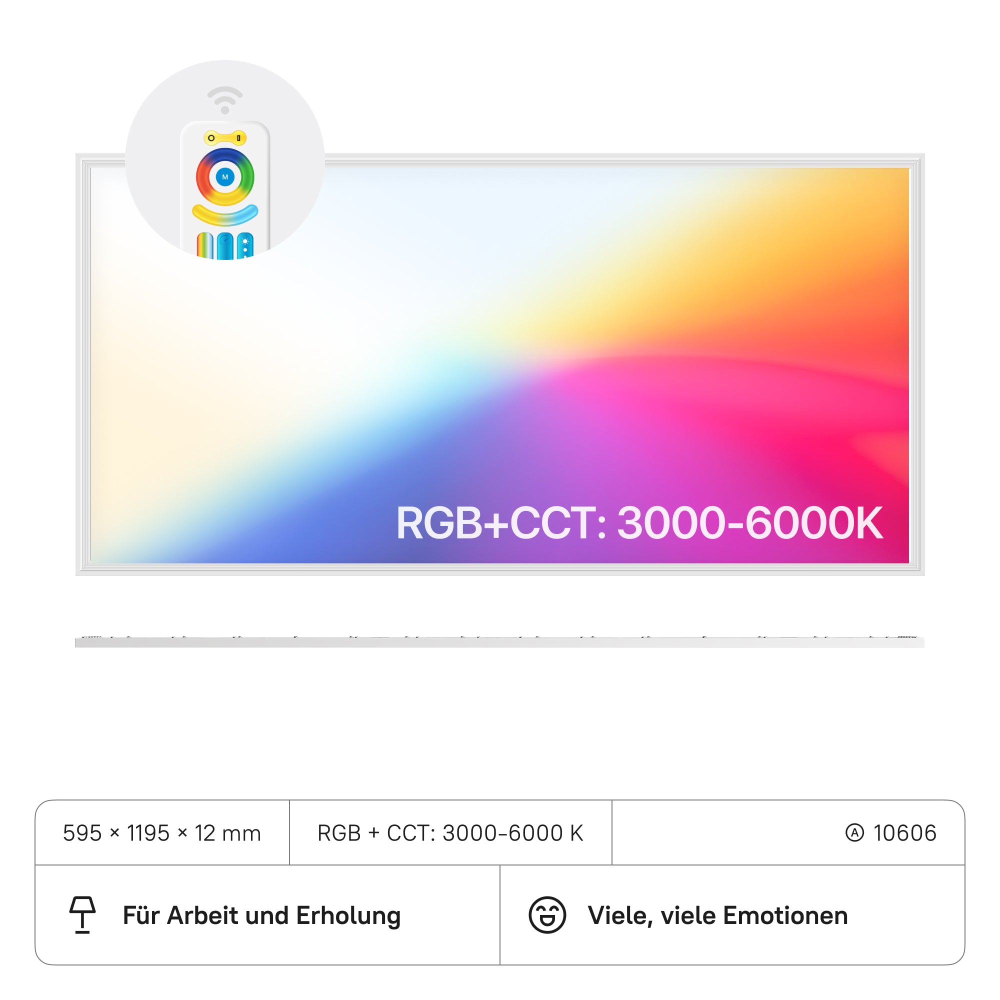 LECOM LED Panel 1195x595x12 (CRI>80) 60W RGB+CCT3000-6000K Dimmbar mit FB 5200lm