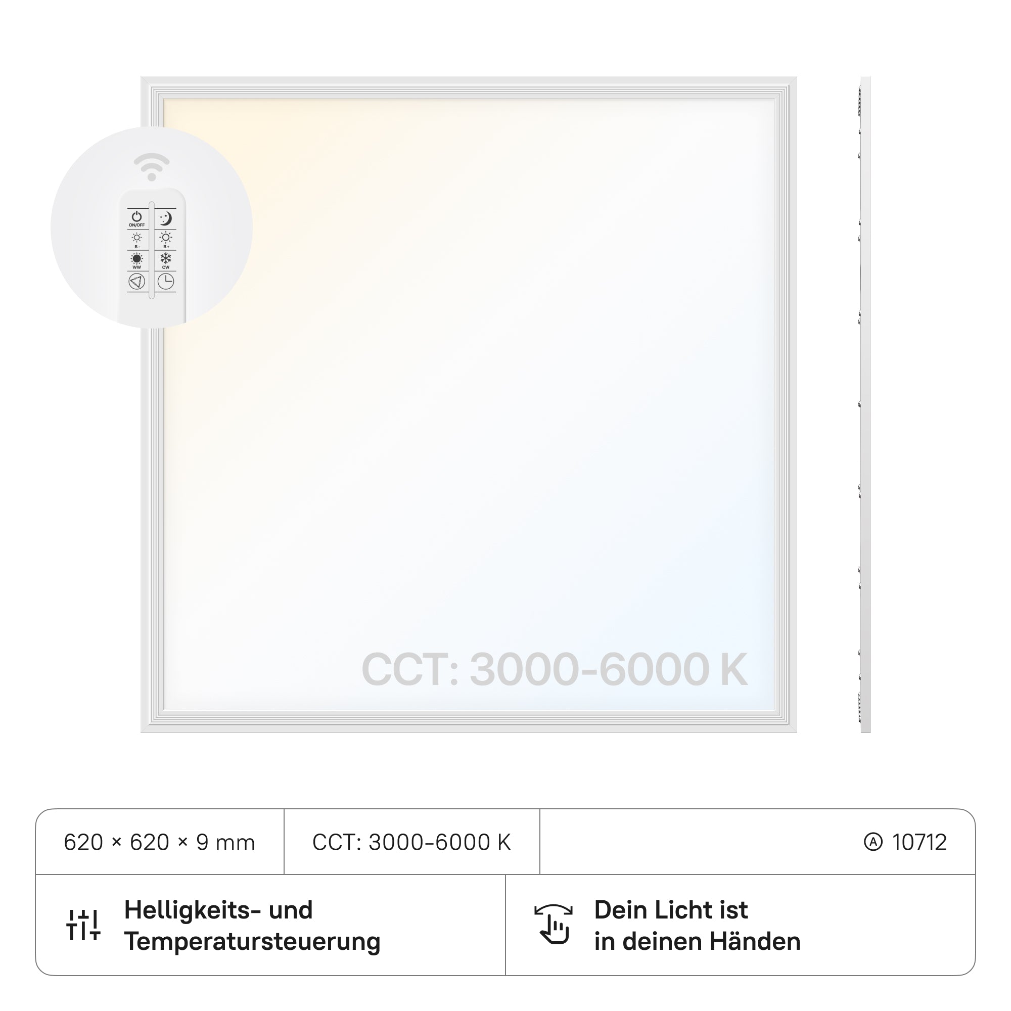 LECOM LED Panel 620x620x9 (CRI>90) 40W CCT3000-6000K Dimmbar mit FB 3600lm