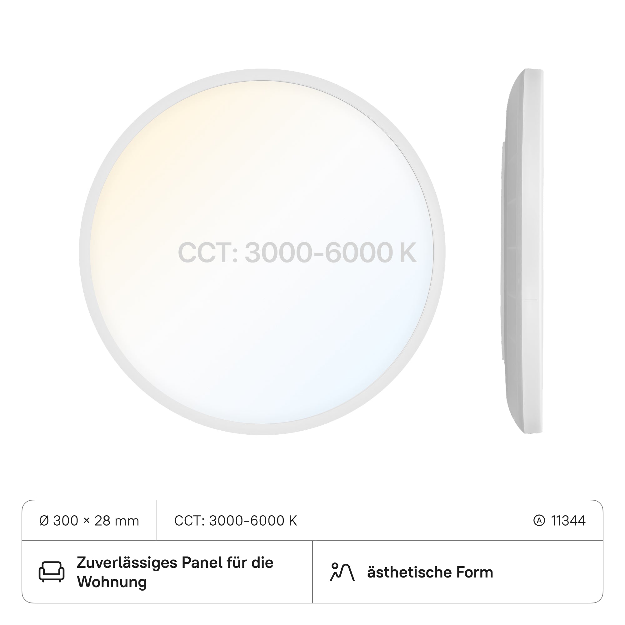 LECOM LED Panel Rund ø300x28 (CRI>80) 18W CCT3000-6000K mit DIP-Schalter IP54