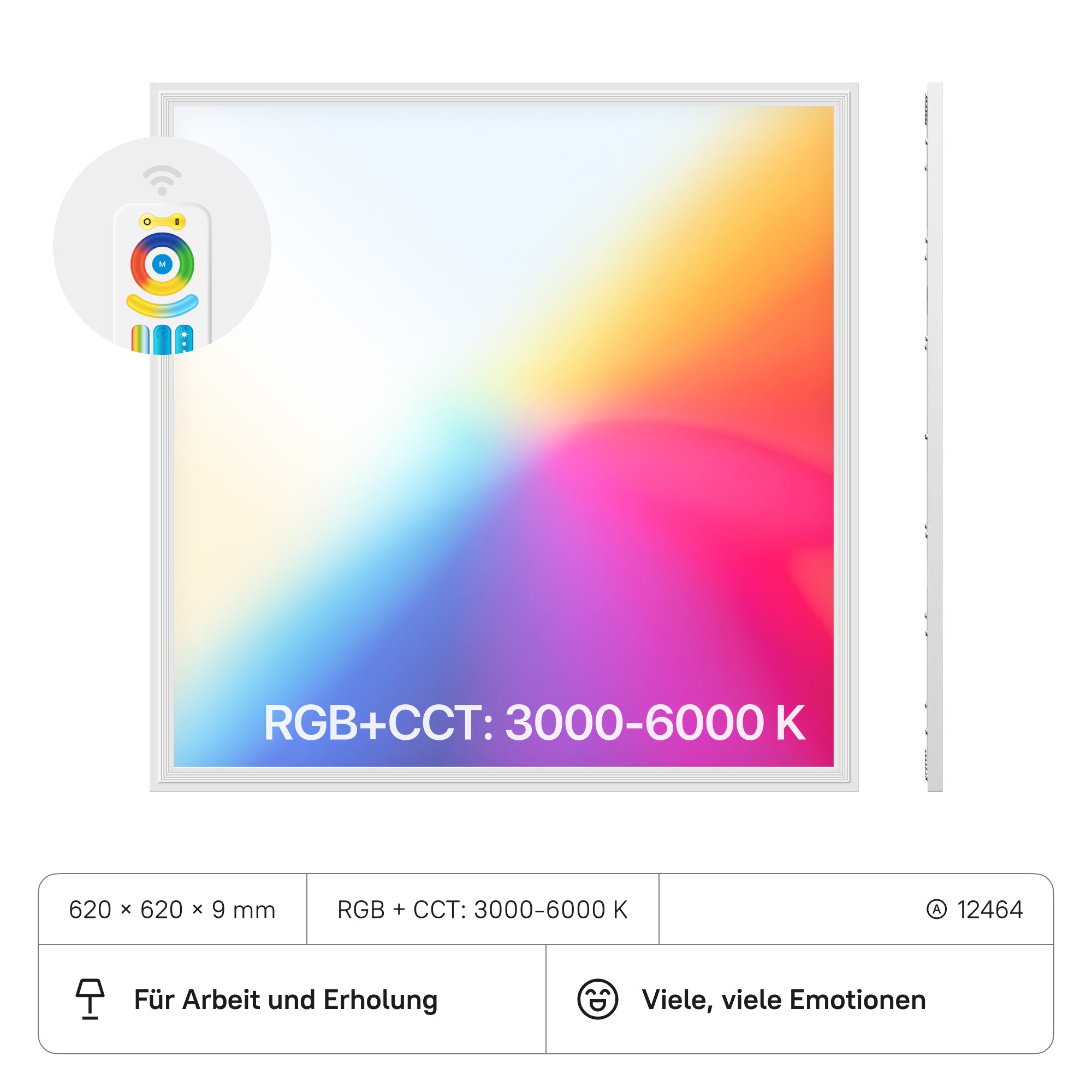 LECOM LED Panel 620x620x12 (CRI>80) 40W RGB+CCT3000-6000K Dimmbar mit FB 3200lm