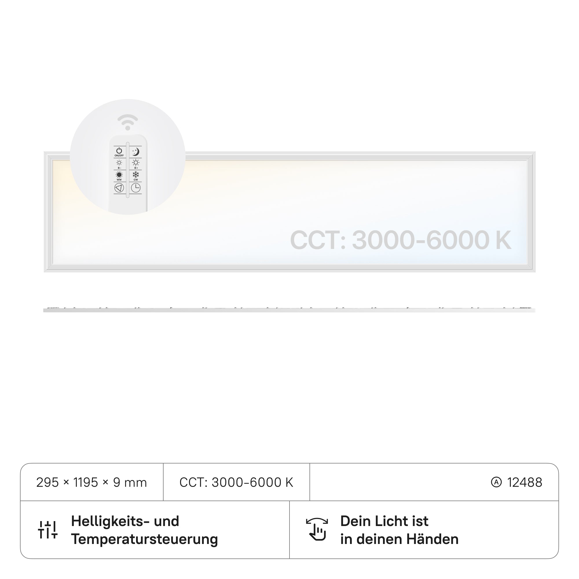 LECOM LED Panel 1195x295x9 (CRI>90) 40W CCT3000-6000K Dimmbar mit FB 3600lm