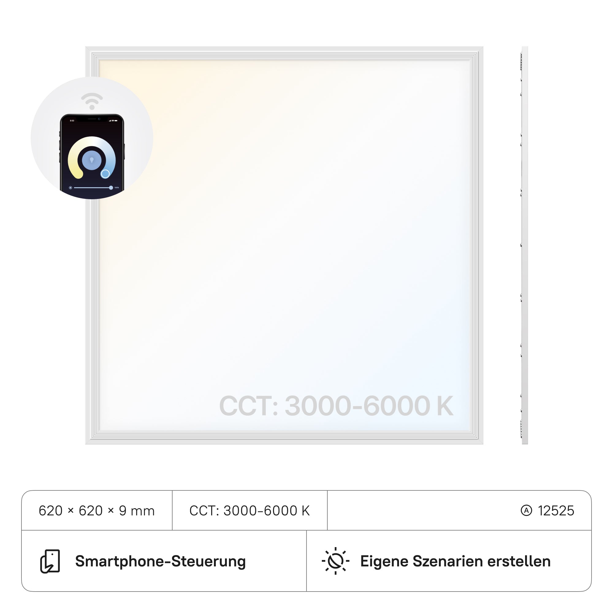 LECOM LED Panel 620x620x9 (CRI>90) 40W CCT3000-6000K Dimmbar WLAN 3600lm