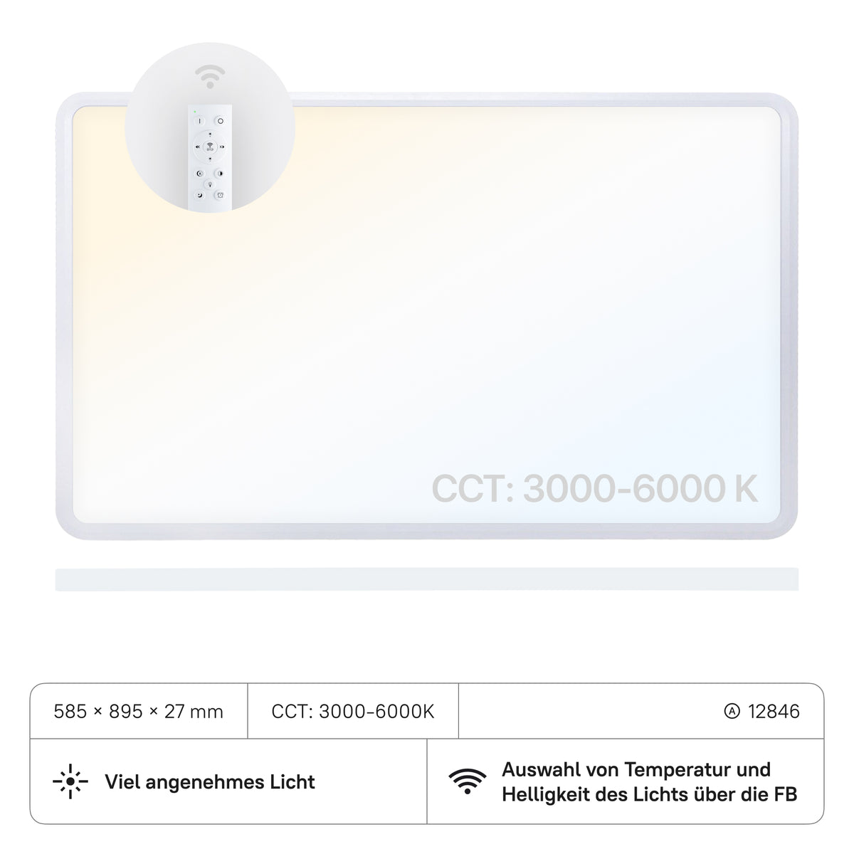 LECOM LED Panel 585x895x27 (CRI:90) 50W CCT3000-6000K mit FB, weiss