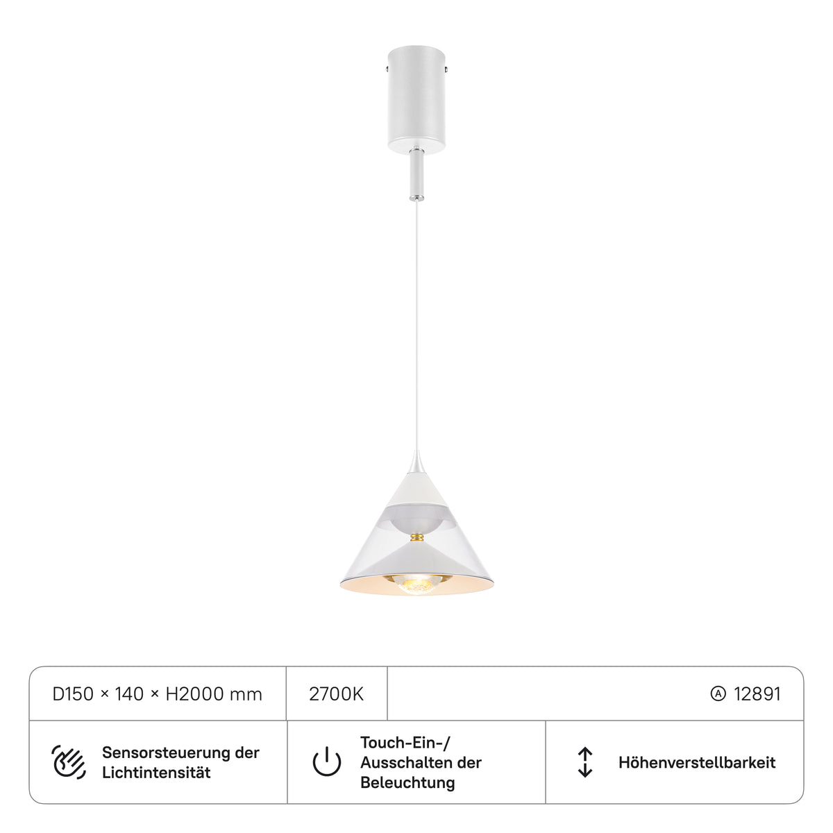 Hängelampe D150x140 mm, 29W, CRI:90, 5100, 2700K, weiss