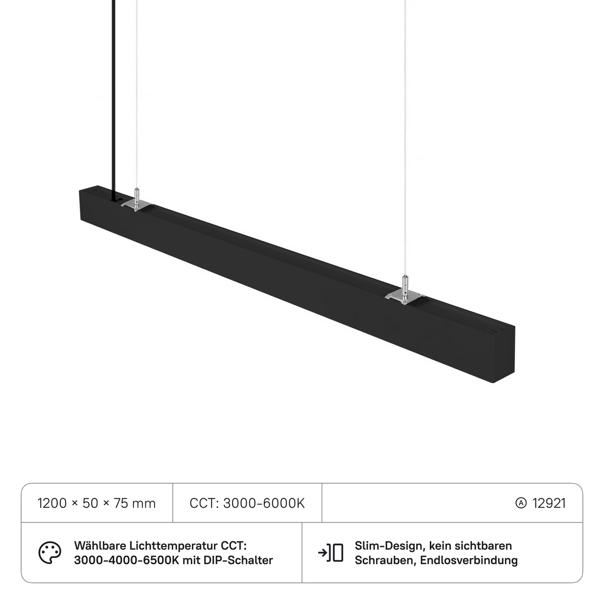 LECOM Lineare Licht 1200x50x75 (CRI:80) 30W CCT3000-6000K mit DIP-Schalter, schwarz