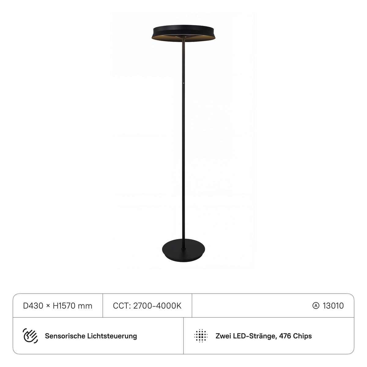 Stehlampe D430xH1570 mm, 36W, CRI:90, CCT2700-4000K mit Sensor, 3960, Sand Mattschwarz