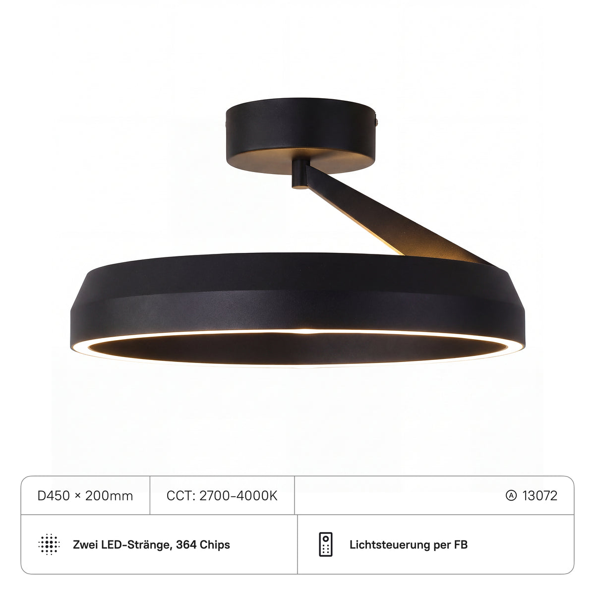 Deckenlampe D450x200 mm, 50W, CRI:90, CCT2700-4000K mit FB, 5500, Sand Mattschwarz