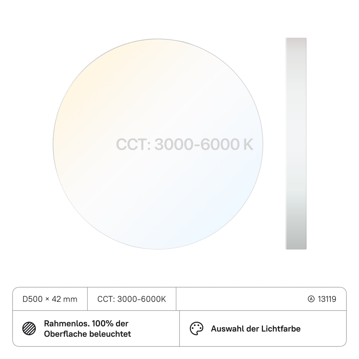 LECOM LED Panel D500x42 (CRI:80) 48W CCT3000-6000K mit DIP-Schalter, weiss, Rahmenlos