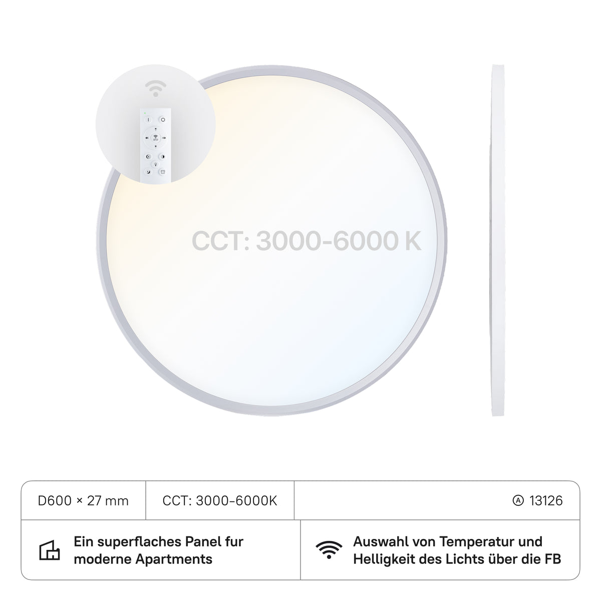 LECOM LED Panel D600x27 (CRI:90) 40W CCT3000-6000K mit FB, weiss