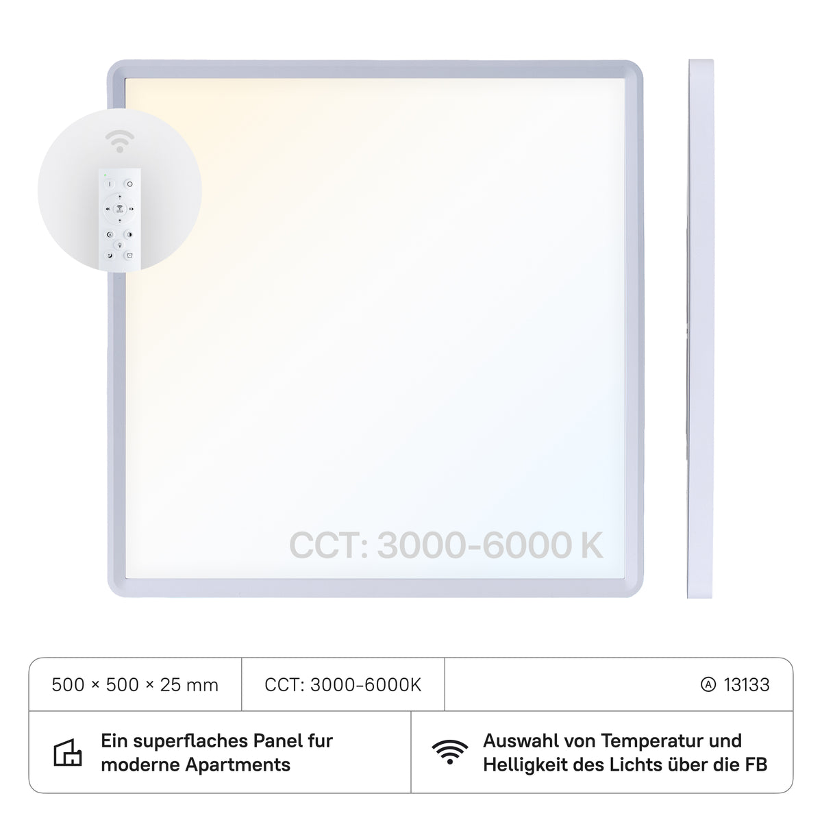 LECOM LED Panel 500x500x25 (CRI:90) 40W CCT3000-6000K mit FB, weiss
