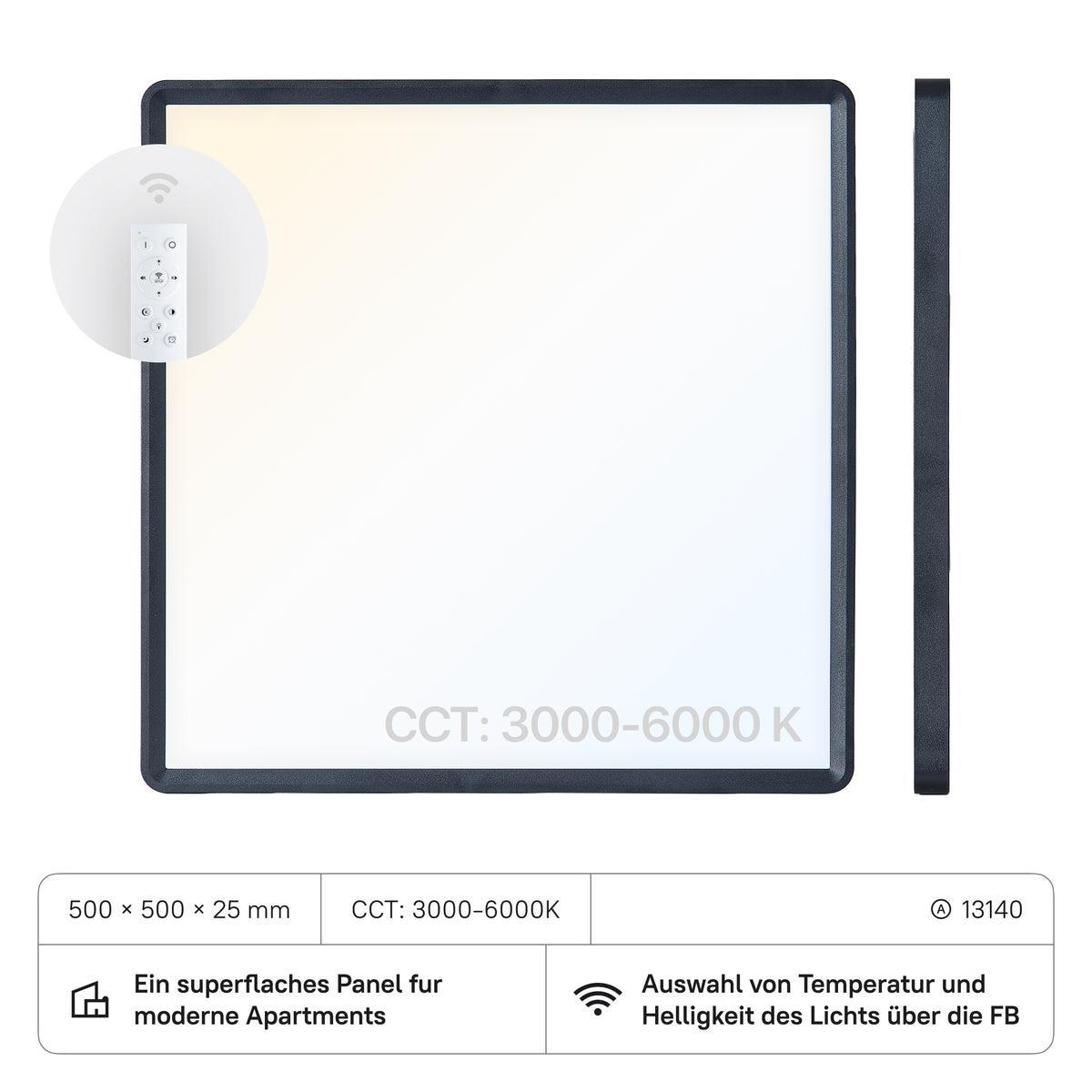LECOM LED Panel 500x500x25 (CRI:90) 40W CCT3000-6000K mit FB, schwarz
