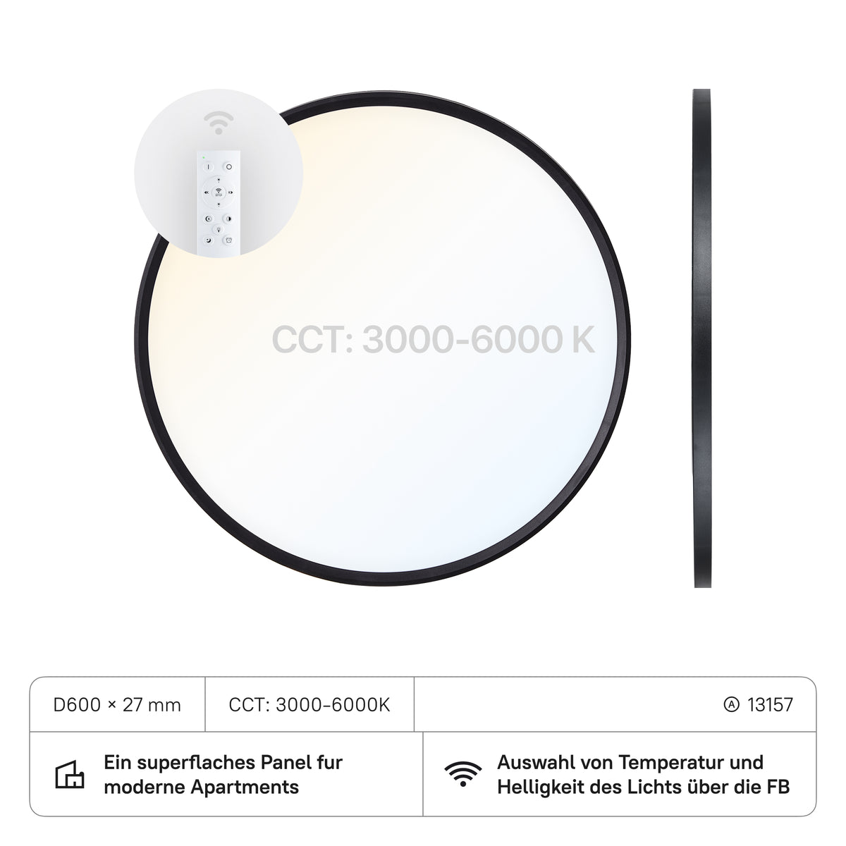 LECOM LED Panel D600x27 (CRI:90) 40W CCT3000-6000K mit FB, schwarz