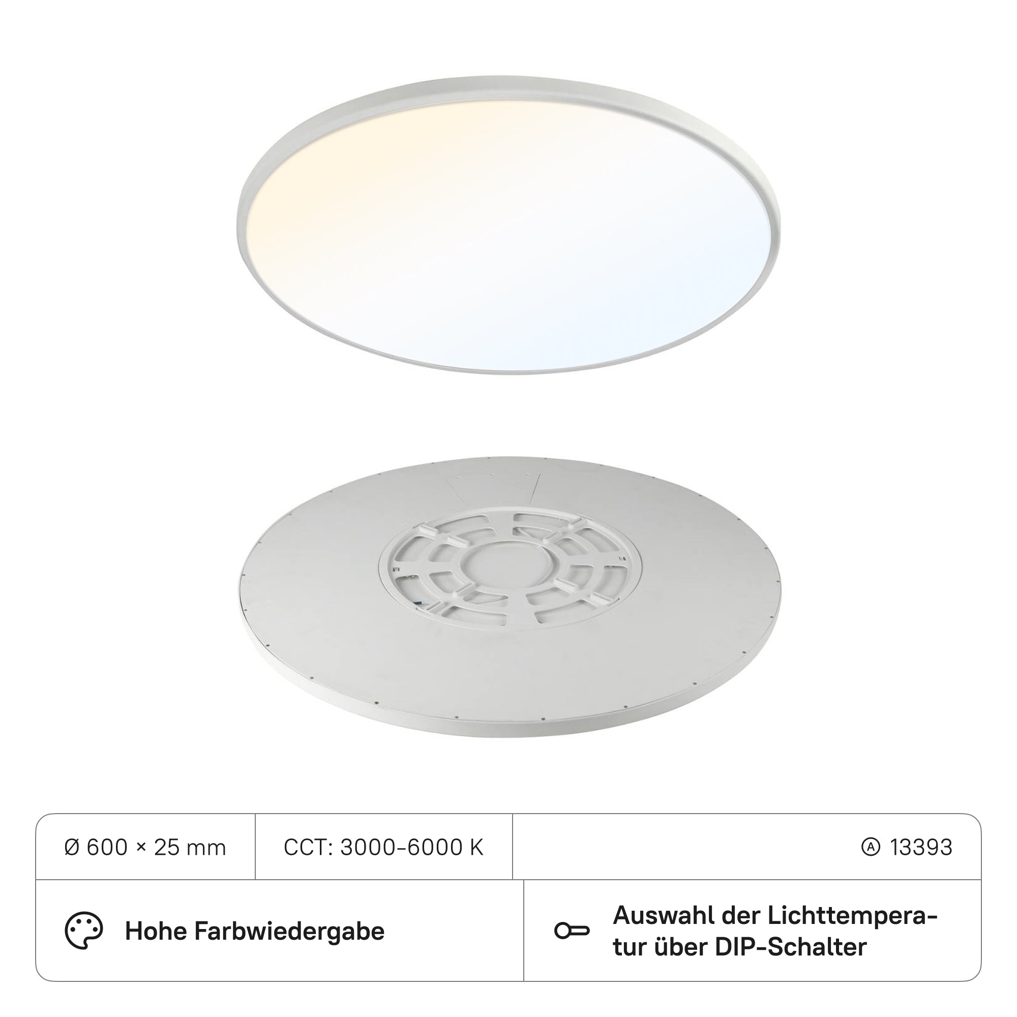 LECOM LED Panel Rund ø600x25 (CRI>90) 45W CCT3000-6000K mit DIP-Schalter 5400lm