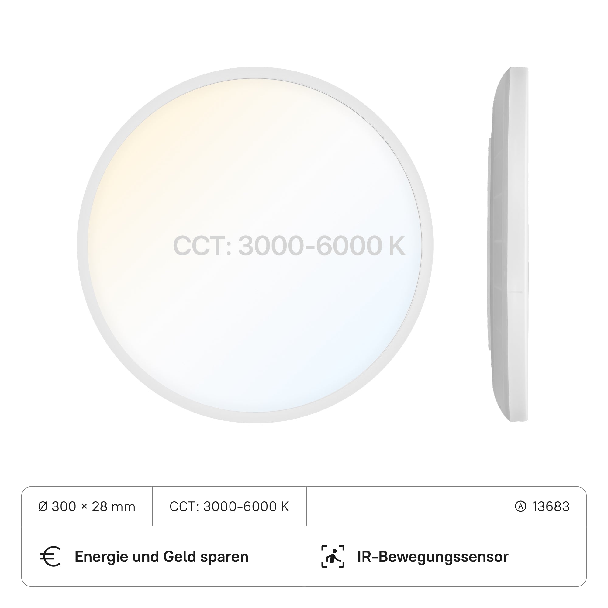 LECOM LED Panel Rund ø300x28 (CRI>80) 18W mit IR-Bewegungssensor CCT3000-6000K mit DIP-Schalter