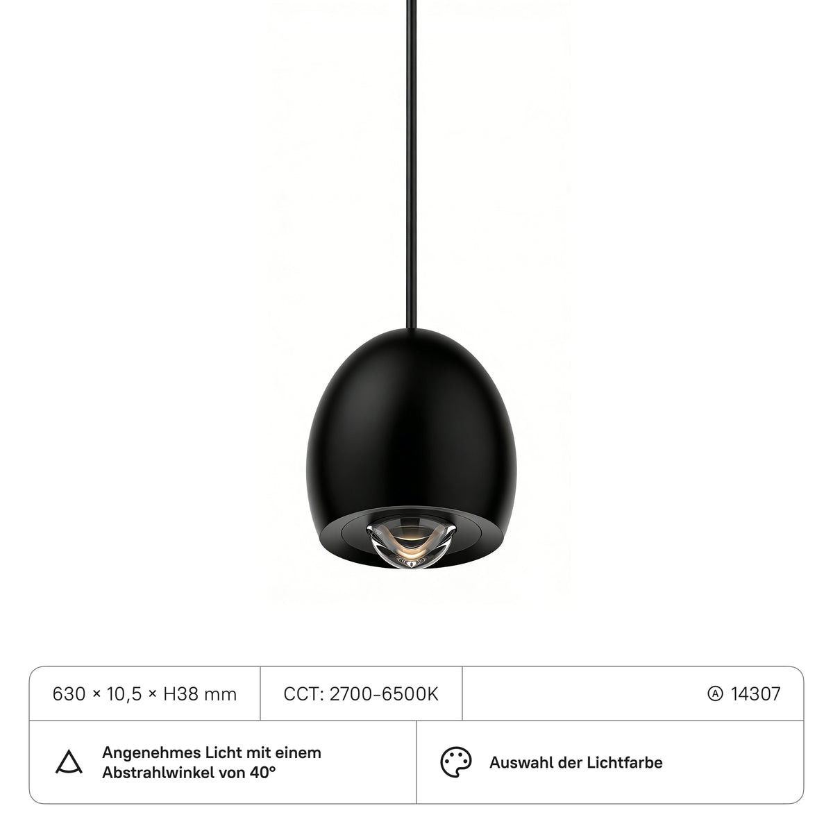 Pendelleuchte D75xH90, 6W, CRI:90, CCT2700-6500K, 244, 40 Grad, schwarz