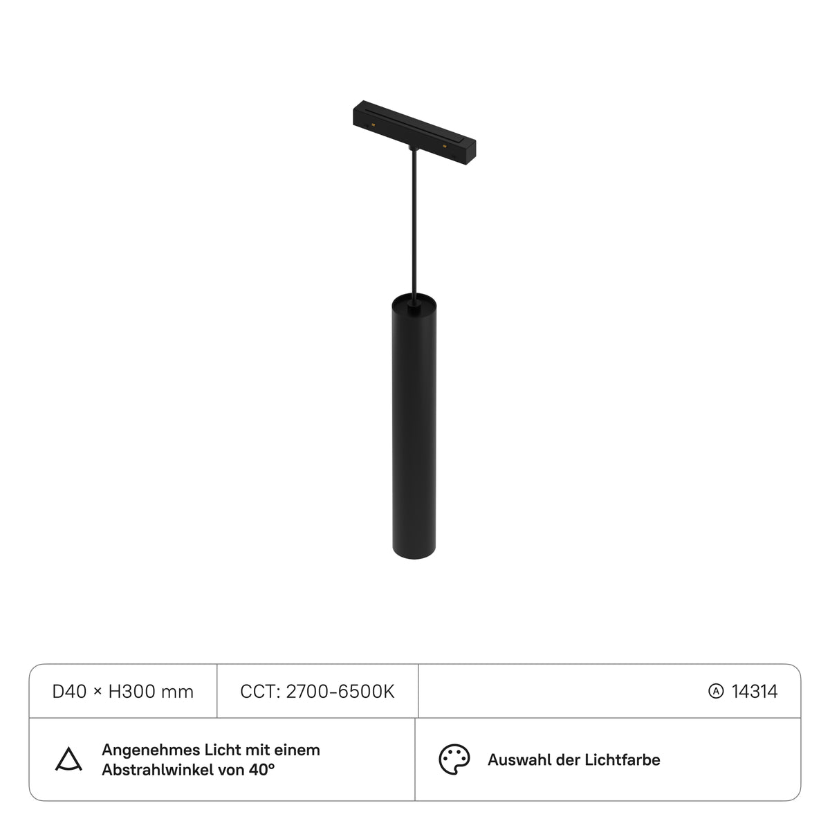Pendelleuchte D40xH300, 6W, CRI:90, CCT2700-6500K, 412, 24 Grad, schwarz
