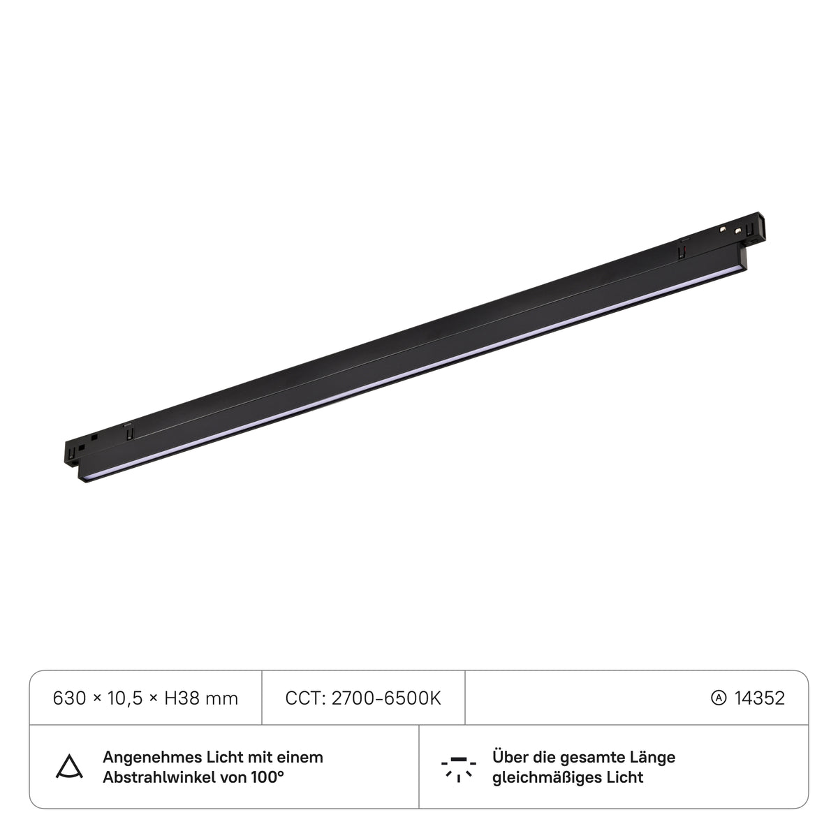 Flutlichter 630x10,5xH38, 16W, CRI:90, CCT2700-6500K, 575, 100 Grad, schwarz