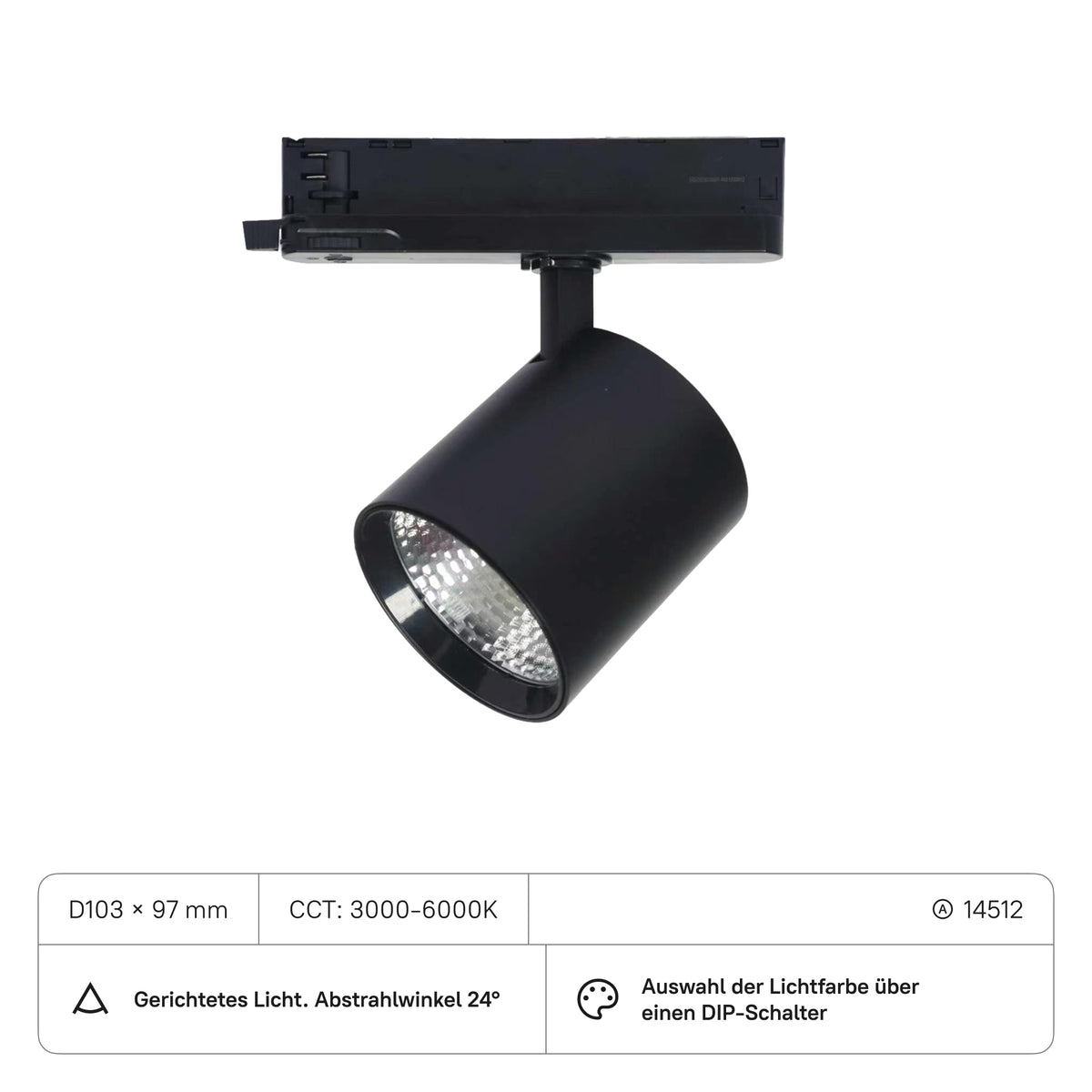 Stromschienenstrahler D103x97 (CRI:90) 30W CCT3000-6000K mit DIP-Schalter, Al, 24 Grad