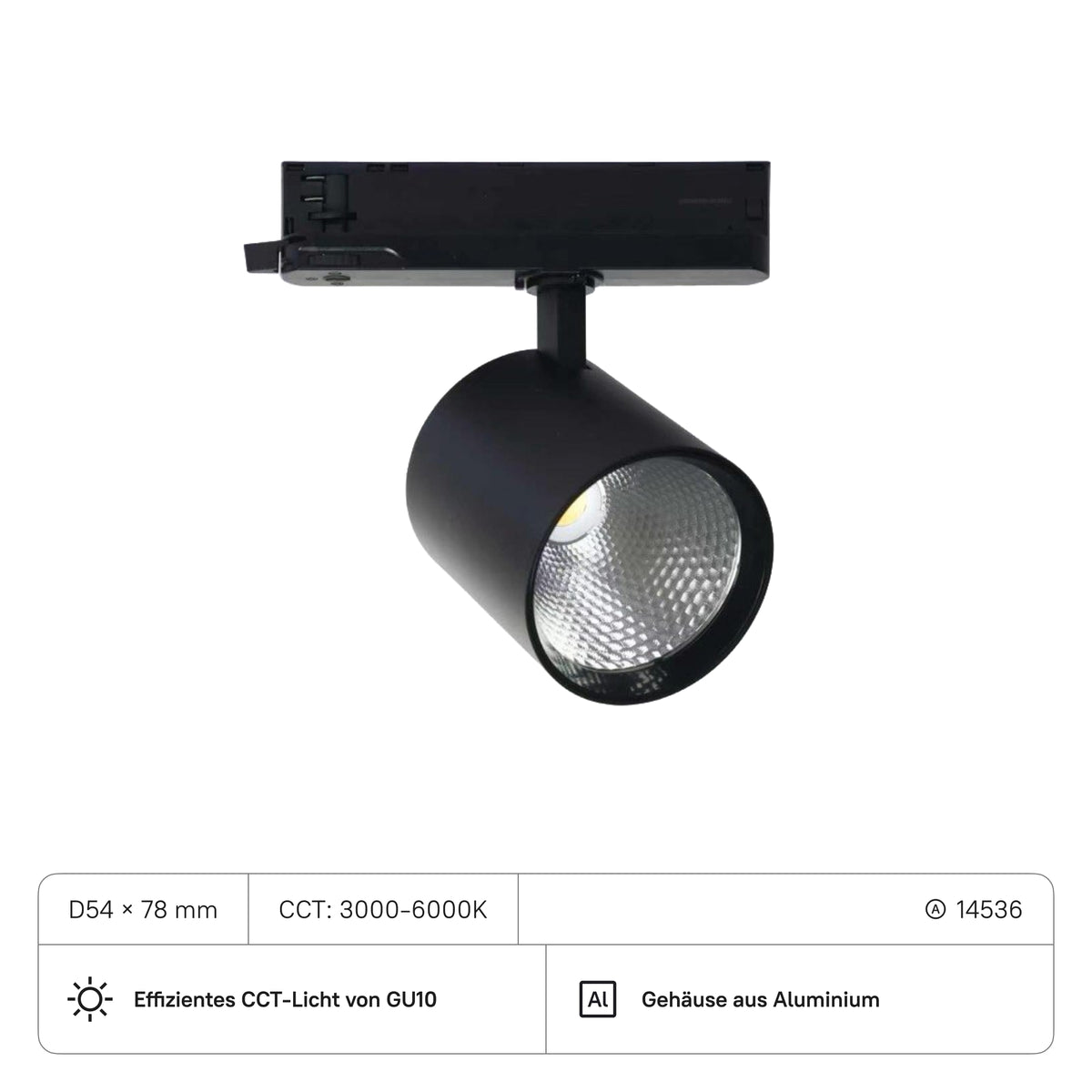 Stromschienenstrahler D54x78 (GU10) 4,7W CCT3000-6500K, Al, 38 Grad